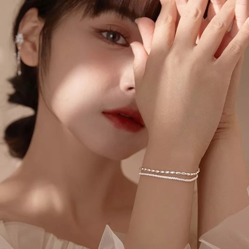 925 Sterling Silver Double Layer Bracelet Engagement Wedding Women Fine Jewelry - Picture 7 of 7